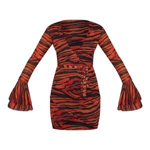 Plt orange zebra print mesh flared bodycon dress